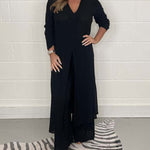 Nadorine Casual Two Pieces Suit V-Neck Long Sleeve Slit Hem Shirt Tops Wide-Leg Pants Sets