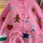 Argyle Candy Gingerbread Man Embroidered Button-knit Cardigan
