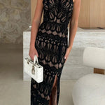 Paulette Unique Lace Halter Backless Slit Stretch Midi Dress