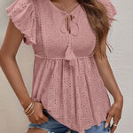 Nadorine Eyelet Tie-Neck Flutter-Sleeve Top Solid Color Casual Blouse for Women Casual Work Office Loose Fit 2026 | Under $40