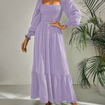 Solid Color Long Sleeve Dress Square Neck Lotus Leaf Maxi Dress