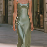 Elegant Satin Slip Midi Dress With Soft Cowl Neckline