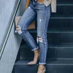 Ripped Stretch Skinny Jeans Mid Waist Distressed Denim Pants