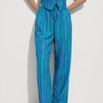 Linen Blend Striped Button Halter Backless Vest and Elastic Waist Pocket Pants Set