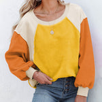 Nadorine Colorblock Bishop Sleeve Sweatshirt Plush Stitching Jumper Crop Top