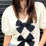 V-Neck Short-Sleeved Double Bow Solid Color Sweater
