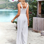 Sleeveless Lace-up Smocked Jumpsuits Solid Loose fit Wide Leg High Wasit Romper
