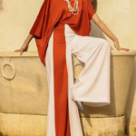 Batwing Sleeves Half Sleeves Solid Color Top + Contrast Color Wide Leg Pants Two Pieces Set