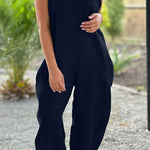 V-neck wide-leg pants suspenders solid color long jumpsuit