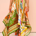 Summer Destination Satin Unique Print Elastic Waist Irregular Hem Maxi Skirt