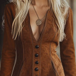 Western Style Tassel Brown Faux Suede Long Seleve Mini Dress