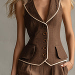 Classic Piped Brown Cotton And Linen Vest And Wide-leg Trousers Set