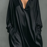 Women's Fashionable Casual Black Glossy Satin Long-sleeved Loose-fitting Maxi Dress With Pockets