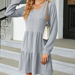 Solid Color Patchwork V-Neck Long Sleeves Loose-Fitting A-Line Dress