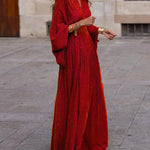 Raglan Sleeve Pleated Split-Joint V-Neck Maxi Dresses