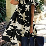 Loose Ruffle Sleeves Flower Print Pleated Round-Neck Midi Dresses