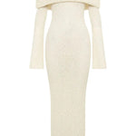 Marisol Ribbed Boucle Material Draped Off Shoulder Stretch Vacation Maxi Dress