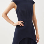 Military Style Cap Sleeve High Neck Patchwork Pleated Hem Mini Dress