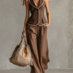 Classic Piped Brown Cotton And Linen Vest And Wide-leg Trousers Set