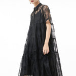 Original Solid Color Hollow See-Through Thin Midi Dress