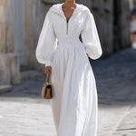 White Smocked Waist Hooded Maxi Dress