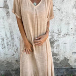 Bayside Bliss Linen Blend Short Sleeve Pleated Loose Midi Dress