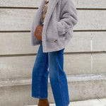 Lapel Fleece Jacket Long Sleeve Pockets Faux Fur Dressy Fall Outfits