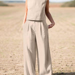 Two Piece Outfits Plain Sleeveless Workout Tank Tops Loose Pockets Pants Sets