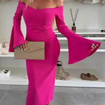 Solid Color Sexy Off-shoulder Trumpet Sleeve Slim Midi Dress
