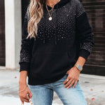 Women's Rhinestone Drawstring Hooded Sweatshirt Casual Sparkly Loose Fit Pullover