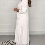 Nadorine Casual Two Pieces Suit V-Neck Long Sleeve Slit Hem Shirt Tops Wide-Leg Pants Sets