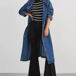Retro Mid-length Denim Jacket Loose Fit Double-breasted Denim Jacket Windbreaker with Belt
