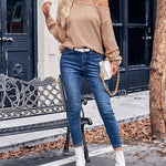 Slash Neck Strap Solid Color Knit Loose Top Pullover