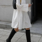Long Sleeves Buttoned Pleated Solid Color Lapel Midi Dresses Shirt Dress