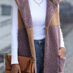 Hooded Sleeveless Colorblock Pocket Buttonless Mid-Length Cardigan Puff Velvet Jacket