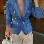 Casual Gold Tone Button Double Breasted Lapel Collar Tailored Denim Blazer