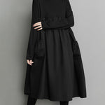 Simple Loose Black Split-Joint Long Sleeves Midi Dress