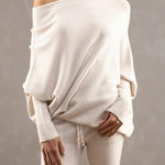 Nadorine Asymmetric Draped Jumper Long Batwing Sleeve Off The Shoulder Sweater
