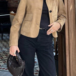 Lapel Button Up Pocketed Faux Suede Crop Jacket