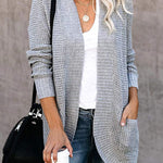 Long Sleeve Open Front Cardigans Curved Fly Pocket Sweater Outwear