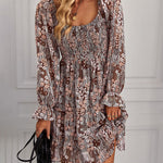 Ribbed Long Sleeve Chiffon Dress Crewneck Elegant Batwing Bohemian Floral Printed Dress