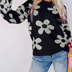 Floral Print Knitted Long Sleeve Pullover Sweater