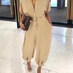 Solid Color Lapel Slim Long Single-Breasted Rompers Short Sleeve Jumpsuits