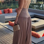 Lightweight Chic Metal Ring Drape Cowl Halter Neck Bodysuit and Elastic Waist Wide Leg Pants Set