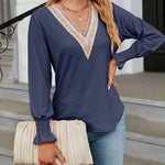 Solid Color Lace Patchwork V-Neck Loose-Fitting Long-Sleeved T-Shirt Top