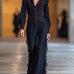 Retro Red Topstitched Navy Denim Long Sleeve Flared Tassel Jumpsuit