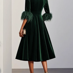 Dark Blue Feather-trimmed Velvet Round Neck Short-sleeved A-line Midi Dress