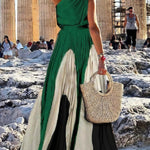 Sleeveless Asymmetric Pleated Printed One-Shoulder Maxi Dresses