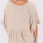 Plain V Neck Ruched Ruffle Trim Short Sleeve Blouse