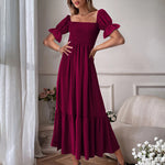 Ruffle Puff Sleeve Smocked Dress Square Neck Long Sleeve High Waist Flowy Maxi Dress